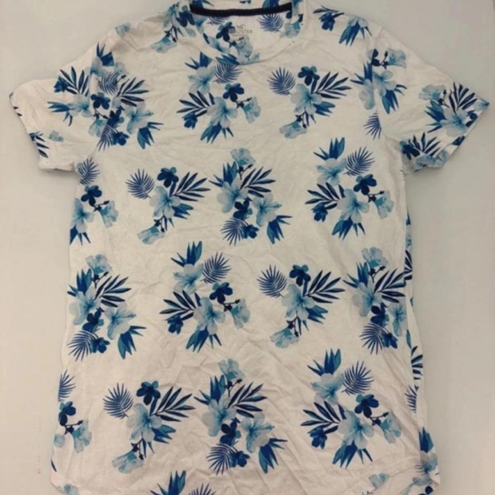 Men's S Hollister Co. white & blue floral and leaf print t-shirt